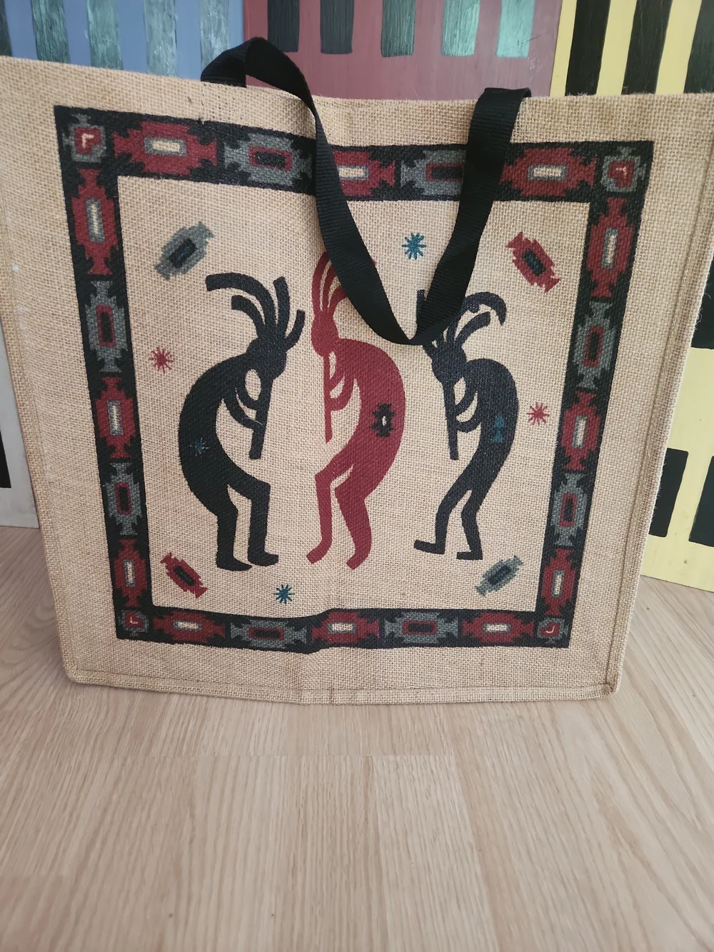 Jute Tote Bag with Kokopelli Print - Red & Black